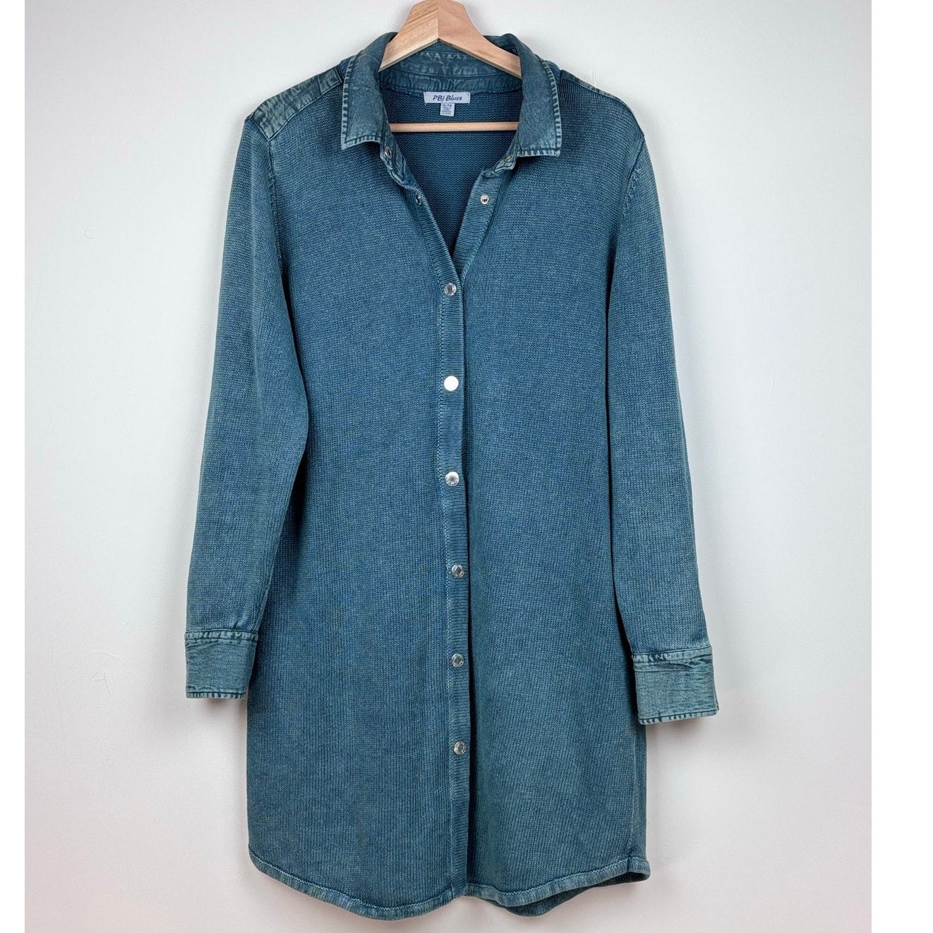 Pbj Blues Acid Wash Knit Long Sweater Jacket | Size Xl | Teal Blue